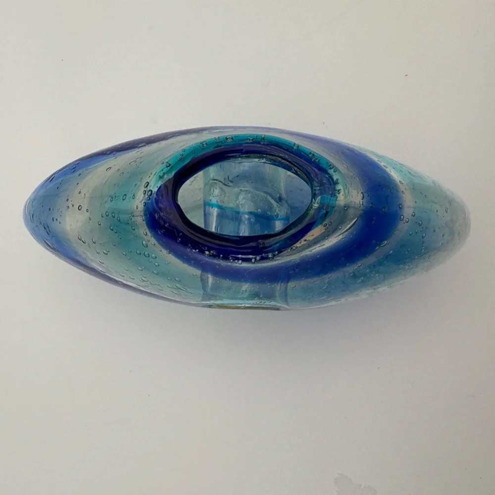 Vintage Blue and Clear Swirl  Glass Donut Vase